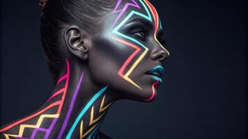 A dramatic image of a face where vivid chevrons and lines in neon colors stretch across the canvas of skin creating a sense of energy and modernity. The patterns highlight the. photo