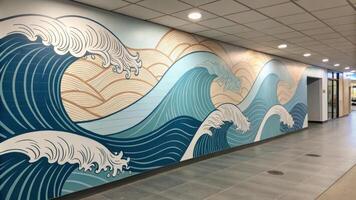 A mesmerizing wave motif undulates across the accent wall blending cool and warm tones in a rhythmic fashion offering a sense of fluidity and movement while invoking a calming. photo