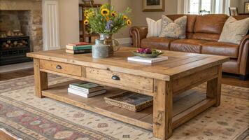 A large reclaimed wooden coffee table sits at the center adorned with books and a vase of wildflowers harmonizing beautifully with the earthtoned palette that defines this inviting. photo