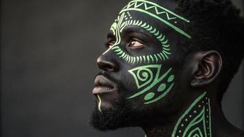 A dramatic portrait of a man with a completely black face painted strategically to emphasize his facial structure contrasted by glowing neon green tribal patterns that draw the. photo
