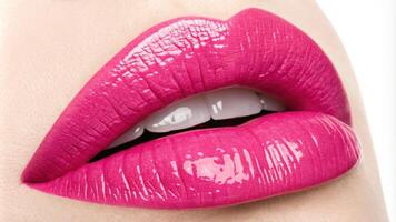 A classic hot pink lip boasts an intense shine that amplifies its vividness. The luscious gloss creates an inviting look emphasizing the smoothness and definition of the lips while. photo