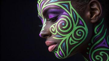 A chic closeup showcasing a face adorned with swirling geometric patterns in neon greens and purples. The designs embrace the contours of the face creating a harmonious balance. photo