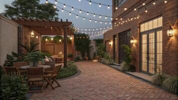 A distinctive brick surface complements the earthy tones of the surrounding plants and furniture providing a warm foundation. String lights drape elegantly overhead casting a soft. photo