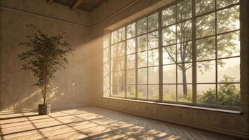 A large window invites gentle sunlight casting delicate shadows across the textured wall creating a soothing interplay of light and shade enhancing the serene atmosphere.. photo
