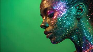 A closeup of a face adorned with dazzling glitter capturing the light in an array of colors. The electric green background adds depth turning the portrait into a mesmerizing. photo