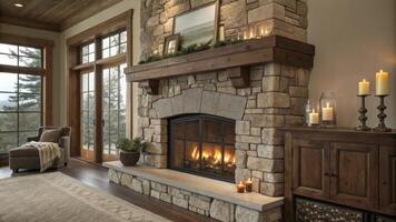 A large stone fireplace with a rustic mantel occupies one wall adding warmth and charm where flickering flames reflect off nearby glassware arranged neatly on a wooden sideboard.. photo