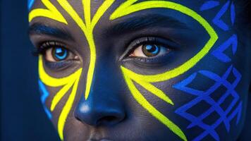 A closeup portrait where neon yellow and deep blue shapes radiate outward from the eyes creating a mesmerizing focal point that brings the entire face to life.. photo