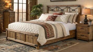 A large plush quilt drapes over a sy handcrafted bed frame layered with soft pillows and throws inviting relaxation and slumber amidst the charming imperfections of rustic design.. photo