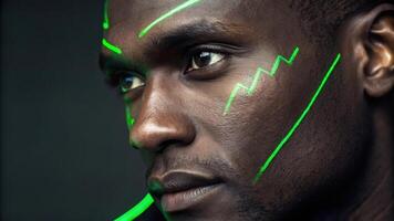 A closeup of a mans face with bold green neon lines accentuating his prominent brow and the contours of his nose. The high contrast between his skin tone and the neon creates a. photo