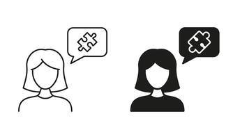 Woman and Puzzle Jigsaw in Speech Bubble Line and Silhouette Icon Set. Business Cooperation Linear Pictogram. Editable Stroke. Isolated Illustration vector