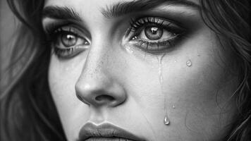 A closeup of a face that conveys profound sadness. The large eyes are filled with tears that threaten to spill over framed by long lashes. A deep crease across the forehead. photo