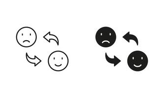 Happy Smile Change to Sad Face Pictogram. Mood Changes Line and Silhouette Icon Set. Bipolar Emoticon Expression Symbol. Positive and Unhappy Emotion. Editable Stroke. Isolated Illustration vector
