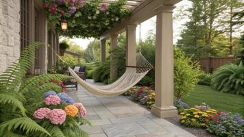 A delightful patio escape features a hammock strung between two posts inviting relaxation while colorful blooms and fern accents enhance the natural beauty of the space.. photo