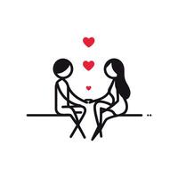 a couple is sitting on a bench with hearts in the background vector