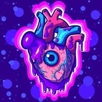 Grunge concept of a heart with an eye. Psychedelic and trippy acid organ with veins and arteries. vector