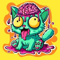 Psychedelic trippy kitty with brains surrounded by pink slime. Acid crazy cat with its tongue out. vector