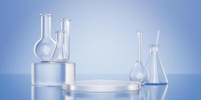 Laboratory glass flasks with cylinder podium composition in 3d render illustration. photo