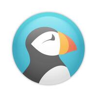 Glossy badge button with Atlantic puffin. Round plastic pin vector