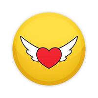 Glossy badge button with flying heart on yellow background. Round plastic pin with heart with wings vector