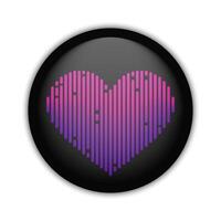 Glossy badge button with sound wave heart on black background. Round plastic pin with music equalizer vector