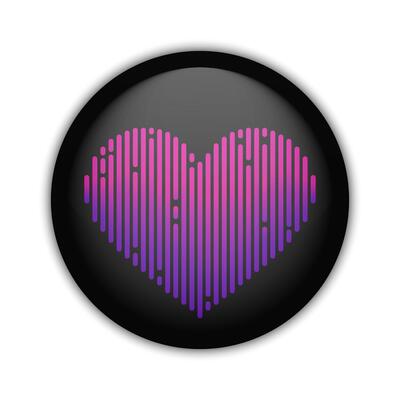 Glossy badge button with sound wave heart on black background. Round plastic pin with music equalizer