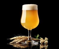 Freshly poured golden beer with wheat and hops on a dark background creating a striking visual appeal photo