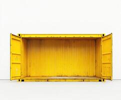 Yellow shipping container sits open and empty against a white background in a minimalist setting photo