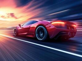 Fast red sports car racing through a vibrant sunset on an empty highway photo