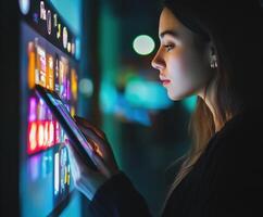 Young woman interacting with a digital touchscreen display in a modern urban setting during evening hours photo