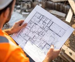 Builder analyzes construction plans at a job site while wearing safety gear and overseeing the project details photo