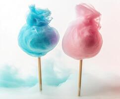 Colorful cotton candy stands on sticks create a vibrant atmosphere at a fairground during summer festivities photo