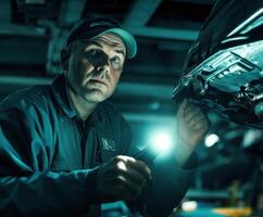 Mechanic inspecting vehicle with flashlight in workshop during nighttime maintenance task photo