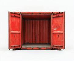 Empty red shipping container with wide open doors against a plain background photo