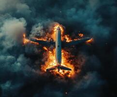 Airplane engulfed in flames over dark smoke with intense fire illuminating the surroundings during a catastrophic event photo