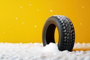 Snow-covered tire on bright yellow background creates a striking winter contrast and evokes playful nostalgia photo