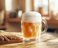 Craft beer served in a frothy mug with wheat stalks on a wooden table in a cozy setting photo