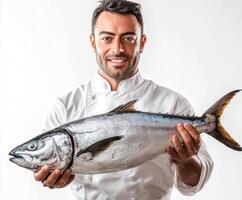Chef displays freshly caught fish in a cooking demonstration at a culinary event photo