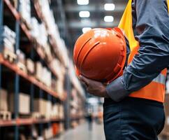 Worker in safety gear holds orange hard hat in busy warehouse during daylight hours photo