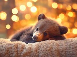 Baby bear rests comfortably on soft surface surrounded by warm glowing lights in a cozy setting photo