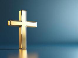 Golden cross resting on a reflective surface with a soft blue background at a serene setting photo