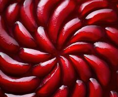 Beautiful close-up of a vibrant red pomegranate resembling intricate flower petals in a spiral pattern photo