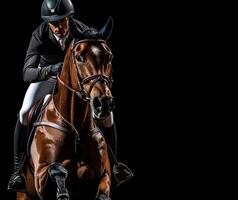 Rider and horse in dynamic pose during show jumping competition at indoor arena in low light conditions photo
