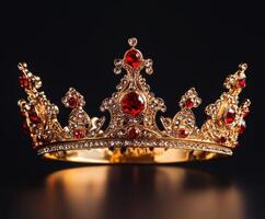 Exquisite golden crown adorned with red jewels displayed elegantly against a dark background photo