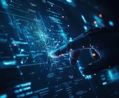 Advanced robotic hand interacting with digital interface showcasing futuristic technology at night photo