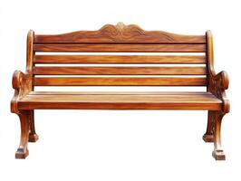 Wooden park bench with intricate design ideal for outdoor relaxation in sunny weather photo