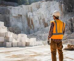 Worker observes marble quarry processing stone blocks during daytime operations in a rugged terrain photo