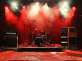 Stage setup with drum kit and amplifiers ready for a live music performance in a dimly lit venue photo