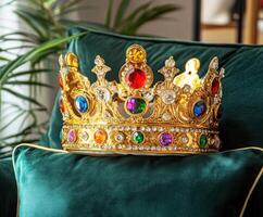 Golden crown adorned with colorful gems resting on a plush green cushion in a cozy indoor setting photo