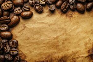 Coffee beans arranged around crumpled parchment paper background for rustic culinary design photo