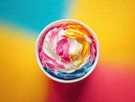 Colorful swirl of creamy frozen dessert in a cup on vibrant background photo